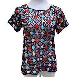 Vtg Crochet Top Small Boho Black Star Floral Open Knit Granny Hippie Summer